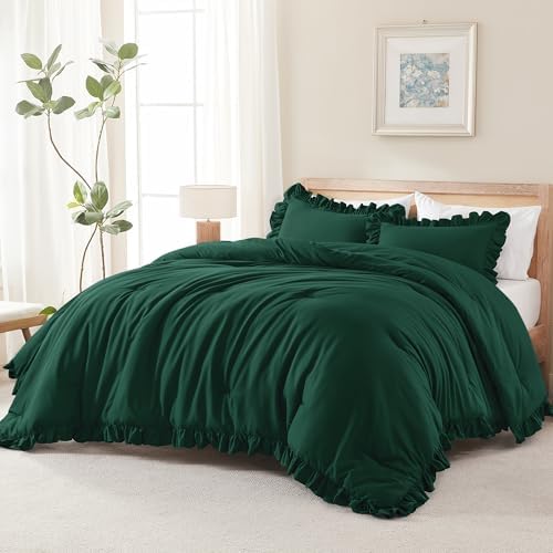 Andency Oversized King Comforter Set,3 Pieces Dark Green Ruffle Bedding Set