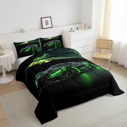 Extreme Sports Car Bed for Boys Green Race Car Comforter Queen Size Kids Racing Cars Quilt Set Boys Room Decor Cool 3D Cars Birthday Decorations for Toddler With 2 Pillow Cases Bedroom Decor-Soft Cozy