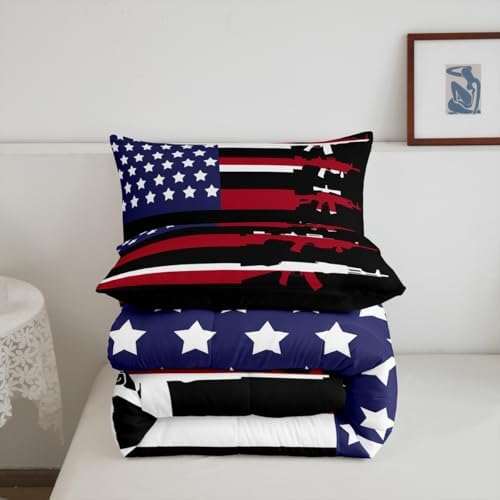 Erosebridal American Flag Comforter Set King,Army Military Bedding Set for Teens Man,Red Blue Stars Stripe USA Flag Bedding Comforter Soldier Quilt Duvet Set 2 Pillow Cases Bedroom Decor