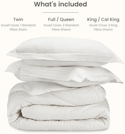 Bioweaves 100% Organic Cotton Twin/Twin XL Duvet Cover Set, 2-Piece, 300 TC Sateen Weave GOTS Certified Comforter Cover with Buttoned Closure and 1 Pillow Sham – Natural/Biscotti Stripes, 66x90 inches
