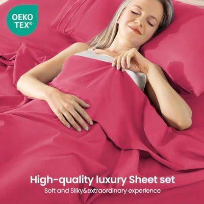 ROSE&RISY Magenta Queen Sheet Set, Pre-Washed Cotton-Like Brushed Microfiber, 4 Pcs Super Soft Breathable Cooling Bed Sets,Includes 1 Fitted, 1 Flat, 2 Pillowcases(Magenta, Queen)