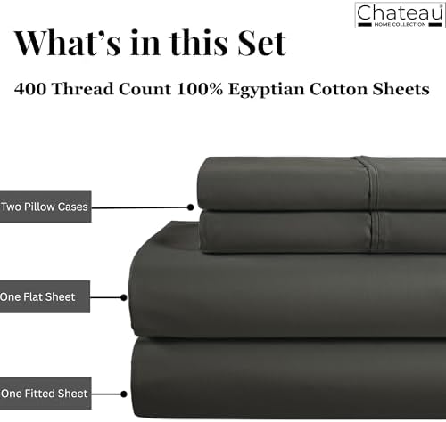 Full Size Sheets, 400 Thread Count 15" Deep Pocket Bed Sheets - Charcoal