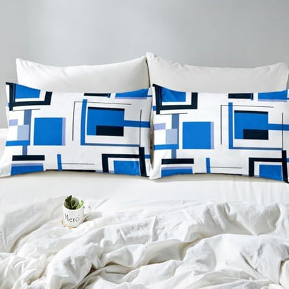 Feelyou Square Bed Sheets Blue Black White Sheet Set for Kids Boys Girls Modern Geometric Grid Bed Set Simple Graphic Decor Sheets with 1 Pillowcase 3Pcs Bedding Twin