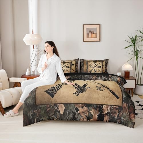 Erosebridal Hunting & Fishing Comforter Set Twin 7 Piece Tree Camo Bedding with Sheets for Kids & Adults Woodland Wildlife Bass Fish Duck Bear Deer Bed in A Bag Rustic Farmhouse Cabin Set