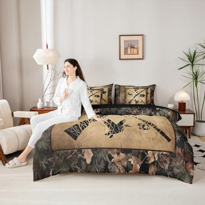 Erosebridal Hunting & Fishing Comforter Set Twin 7 Piece Tree Camo Bedding with Sheets for Kids & Adults Woodland Wildlife Bass Fish Duck Bear Deer Bed in A Bag Rustic Farmhouse Cabin Set