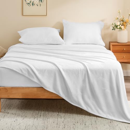 BEDELITE Flannel Sheets Twin Size, Bright White, 3 Pieces