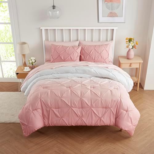 5 Piece Comforter Set Bed in a Bag Ombre Pintuck Design All Season Soft Down Alternative Bedding Comforter Set & Luxurious Matching Bed Sheets & Pillow Sham, Ombre Pintuck Blush, Twin