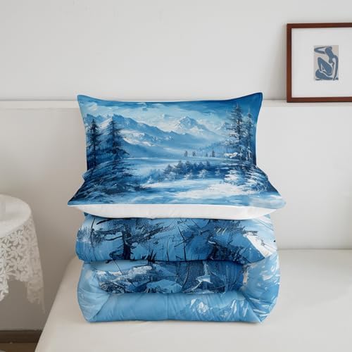 Snow Scenery Woodland Bedding Set Full Size,Pine Tree Winter Theme Comforter Set for Kids Boys Girls Room Decor,Snowmountain Nature Scenery Duvet Insert 3Pcs,Rustic Style Quilt Set,2 Pillowcases