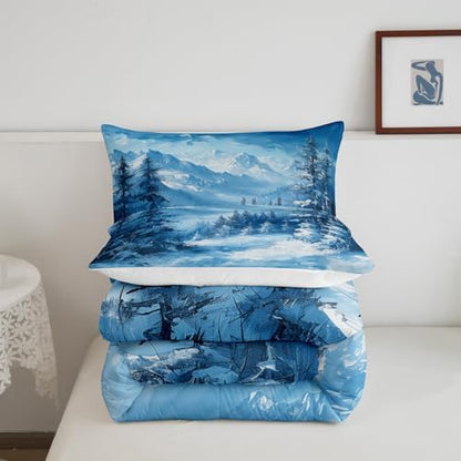 Snow Scenery Woodland Bedding Set Full Size,Pine Tree Winter Theme Comforter Set for Kids Boys Girls Room Decor,Snowmountain Nature Scenery Duvet Insert 3Pcs,Rustic Style Quilt Set,2 Pillowcases