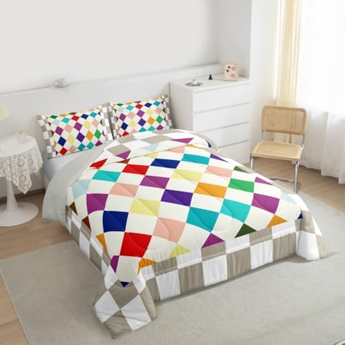 Checkered Geometric Comforter Set All Season Blue Purple Beige Brown Plaid Bedding Set with 2 Pillow Cases Checkerboard Modern Aesthetic Kids King Bedclothes Reversible Grey Bedroom Decor Duvet Quilt