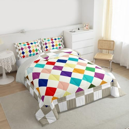 Checkered Geometric Comforter Set All Season Blue Purple Beige Brown Plaid Bedding Set with 1 Pillow Cases Checkerboard Modern Aesthetic Kids Twin Bedclothes Reversible Grey Bedroom Decor Duvet Quilt