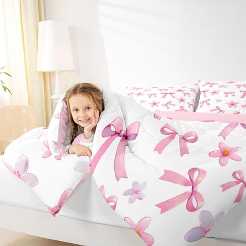 jejeloiu Pink Bow Comforter Set All Season Kawaii Bowknot Bedding Set with 2 Pillow Cases Dreamy Princess Style Microfiber Kids Full Bedclothes Cute Bow Bedroom Decor Duvet Quilt Breathable Soft