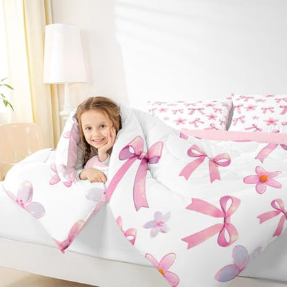jejeloiu Pink Bow Comforter Set All Season Kawaii Bowknot Bedding Set with 2 Pillow Cases Dreamy Princess Style Microfiber Kids Full Bedclothes Cute Bow Bedroom Decor Duvet Quilt Breathable Soft