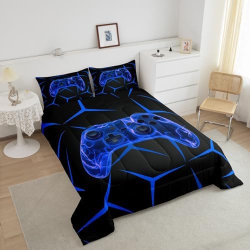 Castle Fairy Game Controller Comforter Set Toddler Size,Gaming Game Controller Blue Bedding Set for Kids Teens,Geometric Honeycomb Down Comforter,2 Pcs 1 Pillowcase
