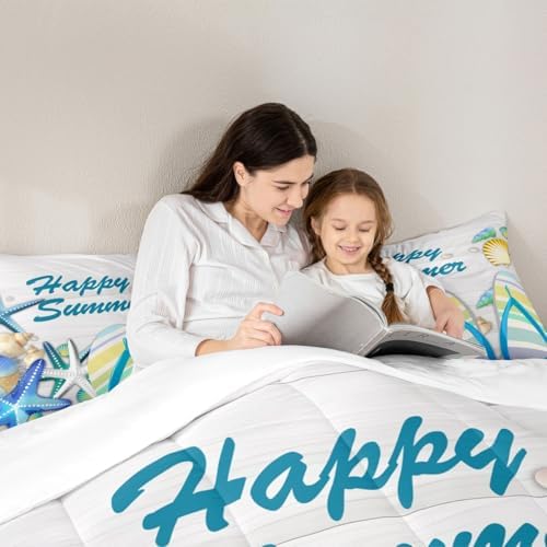 Beach Comforter Set Queen Ocean Starfish Shell and Stripes Flip Flops Bedding Set Romantic Hawaii Holiday Quilted Duvet for Kids Teens Adult,White Rustic Farmhouse Wooden Board Duvet Insert 3pcs