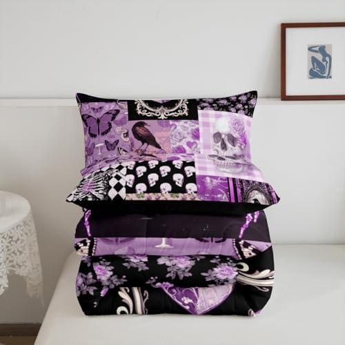 Gothic Crow Comforter Set Queen Size,Halloween Skull Bedding Sets 3Pcs for Kids Teens Woman Men Room Decor,Purple Rose Flower Candles Quilted Duvet Patchwork Grid Plaid Down Comforter,2 Pillowcases