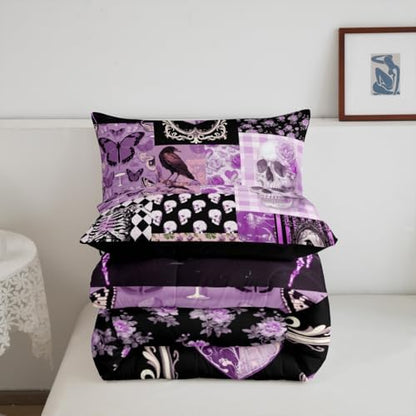 Gothic Crow Comforter Set Queen Size,Halloween Skull Bedding Sets 3Pcs for Kids Teens Woman Men Room Decor,Purple Rose Flower Candles Quilted Duvet Patchwork Grid Plaid Down Comforter,2 Pillowcases