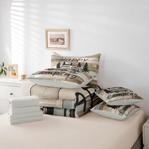 Erosebridal Camping 7 Pieces Bedding Set Queen Size,Wooden Plank Travel RV Bed in a Bag,Camping Lovers Bed Set Includes Comforter,Sheet Set,Pillowcases & Pillow Covers,Vintage Retro Bedroom Decor