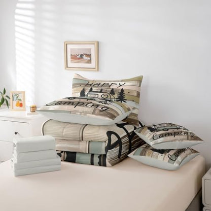 Erosebridal Camping 7 Pieces Bedding Set Full Size,Wooden Plank Travel RV Bed in a Bag,Camping Lovers Bed Set Includes Comforter,Sheet Set,Pillowcases & Pillow Covers,Vintage Retro Bedroom Decor
