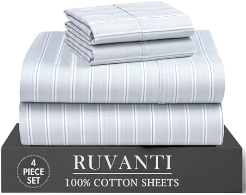 RUVANTI 100% Cotton Twin Sheets, Percale Twin Sheet Set, Horizon Stripes