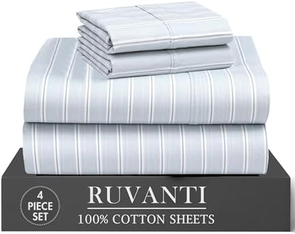 RUVANTI 100% Cotton Twin XL Sheets, Percale Twin XL Set, Horizon Stripes