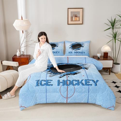Ice Hockey Bedding Set King Size, Stadium Comforter Set 3pcs for Kids Boys Men Room Decor, Winter Sports Event Quilt Set Blue Black Graffiti Duvet Insert, 2 Pillowcases