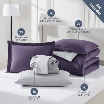 Nestl 9 Piece California King Comforter Set – Purple Reversible Bed in a Bag – Complete Cal King Size Bedding Set with Sheets, Set of 2 Down Alternative Pillows, Pillowcases and Shams