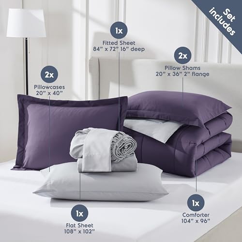 Nestl 9 Piece California King Comforter Set – Purple Reversible Bed in a Bag – Complete Cal King Size Bedding Set with Sheets, Set of 2 Cooling Pillows, Pillowcases and Shams