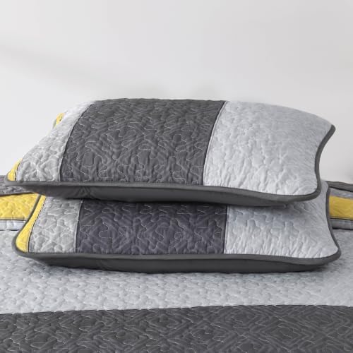 Cottolester Boho King Size Quilt Set,Yellow Grey Striped Bedsperad Coverlet