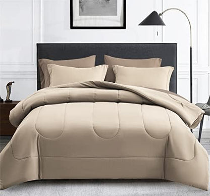 Maple&Stone Full Comforter Set 7 Pieces Bed in a Bag Beige Bedding Set