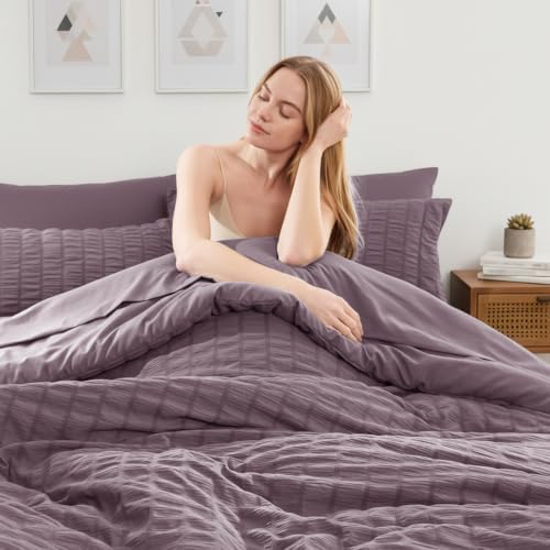 HIMEET King Comforter Set, 7-Piece Seersucker Bed in a Bag, Dusty Purple