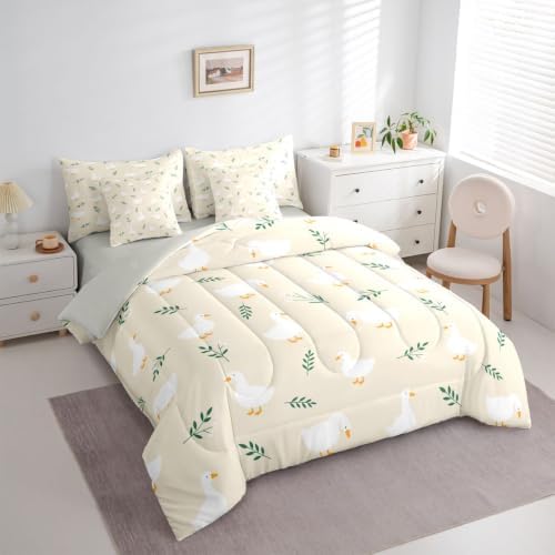 Erosebridal Cute Silly Goose Twin Bedding Set Cartoon Ducks 7 Pieces Comforter Set with Sheets for Kids Boys Girls Kawaii Floral Animals Bed in a Bag Beige Farmhouse Animal Bed Sets