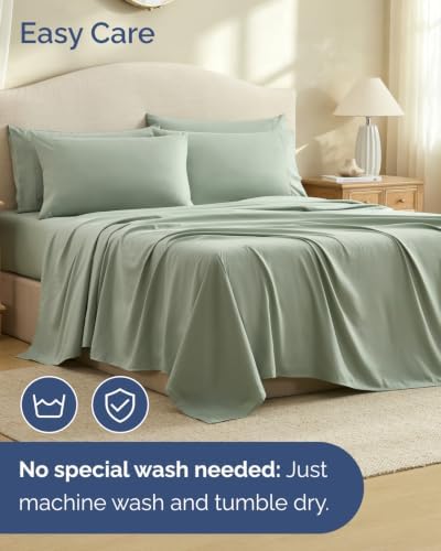 Split King 7 Piece Bed Sheet Set - Comfy, Breathable & Cooling - Eucalyptus