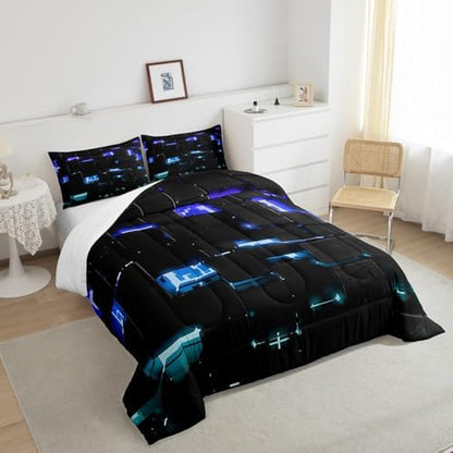Feelyou Black Blue Teal Square Ombre Comforter Set King Size Kids 3D Rendering Abstract Art Comforter for Boys Girls Teens Modern Fashion Bedding Set Stripes Duvet Set