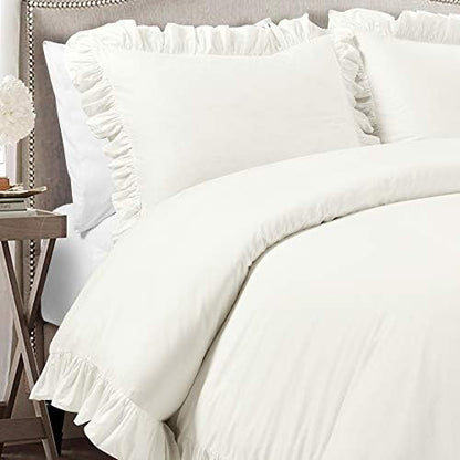 Lush Decor Reyna Ruffle Cotton Duvet Cover Set 3 Piece Set King, White - King Size Bedding Set - White Duvet King- Ruffled Bedding - Coquette Decor
