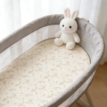 Organic Baby Bassinet Sheets 2 Pack 33”x17” 100% Muslin Cotton for Baby Girl Boy, Soft Fitted Mattress Pad Cover Compatible with Halo BassiNest Swivel Sleeper, Graco, Baby Delight, Chicco, Angelbliss