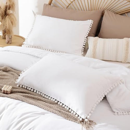 YIRDDEO King Size Comforter Set, White Ball Pom Fringe Bedding Set 3 Pieces