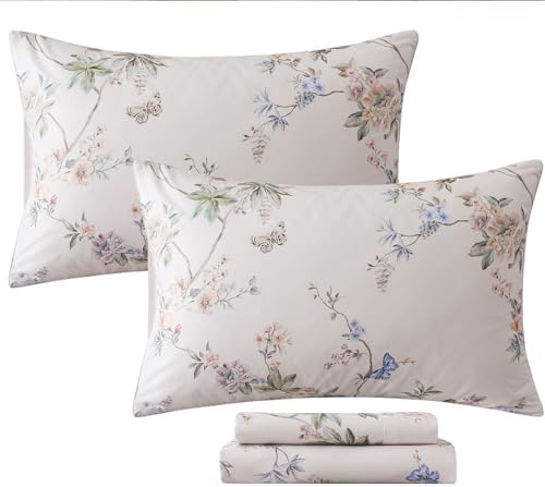 FADFAY California King Sheet Set Percale Cotton, Soft Deep Pocket Fitted Sheet, Country Style Floral & Butterfly Pattern Bedding for All Seasons, Crisp & Breathable for Hot Sleepers,4Pcs