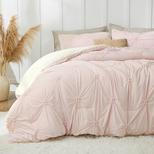 BEDELITE Fluffy Sherpa Queen Comforter Set,Pintuck-Pink