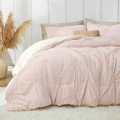 BEDELITE Fluffy Sherpa Queen Comforter Set,Pintuck-Pink