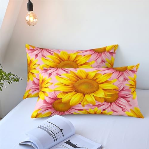 CCoutueChen Sunflower Comforter Set Full Size, Pink Yellow Bedding Set, 3 Pieces Oil Painting Bedroom Decor with 2 Pillowcases/79 * 90