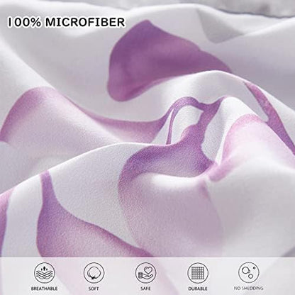Yogeneg Botanical Comforter Set Queen Size 7 PCS Bed in a Bag,Purple Grey Leaves Printed on White Reversible Design,Soft Microfiber Bedding Complete Set for All Season(Purple,Queen)