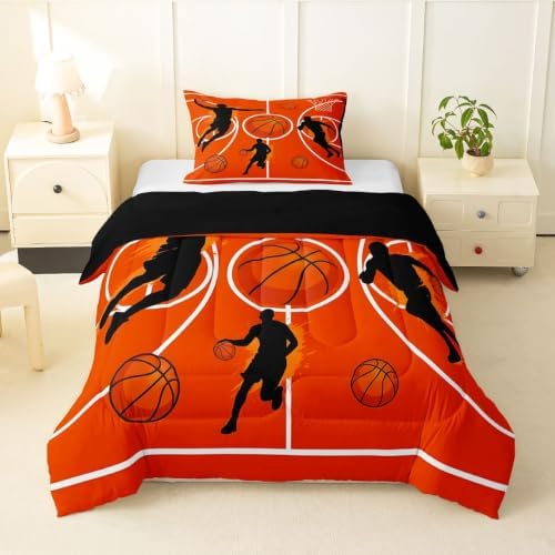 Graffiti Basketball Comforter Set Twin Size,Orange Court Line Bed in a Bag 2Pcs for Kids Girls Boys Teens Room Decor,Ball Sports Gaming Quilted Duvet Modern Fashion Down Comforter,1 Pillowcase