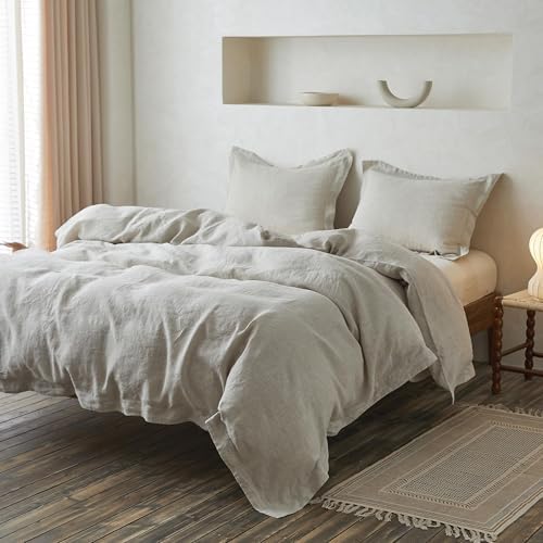 Simple&Opulence 100% Linen Duvet Cover Set with Crossed Embroidery Washed - 3 Pieces (1 Duvet Cover with 2 Pillow Shams) Soft Breathable Farmhouse - Linen, Queen Size