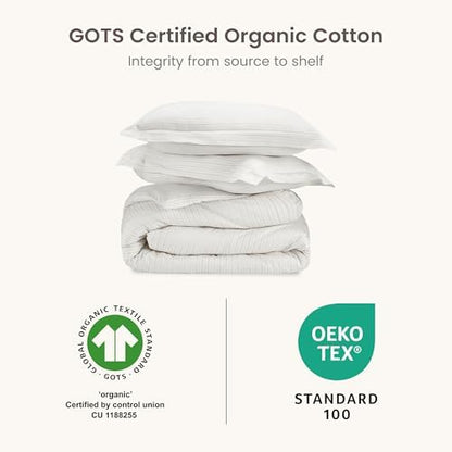BIOWEAVES 100% Organic Cotton King Duvet Cover Set, 3-Piece, 300 TC Sateen Weave GOTS Certified Comforter Cover with Buttoned Closure and 2 Pillow Shams – Natural/Biscotti Stripes, 104x90 inches