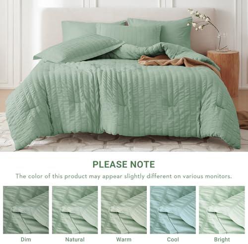 MUXHOMO 7 Pieces Oversized King Comforter Set, Seersucker Bed in a Bag Oversized King Size, All Season Luxury Bedding Set with Comforter, Flat Sheet, Fitted Sheet, Pillowcases & Shams, Sage Green