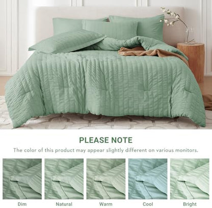 MUXHOMO 7 Pieces Oversized King Comforter Set, Seersucker Bed in a Bag Oversized King Size, All Season Luxury Bedding Set with Comforter, Flat Sheet, Fitted Sheet, Pillowcases & Shams, Sage Green