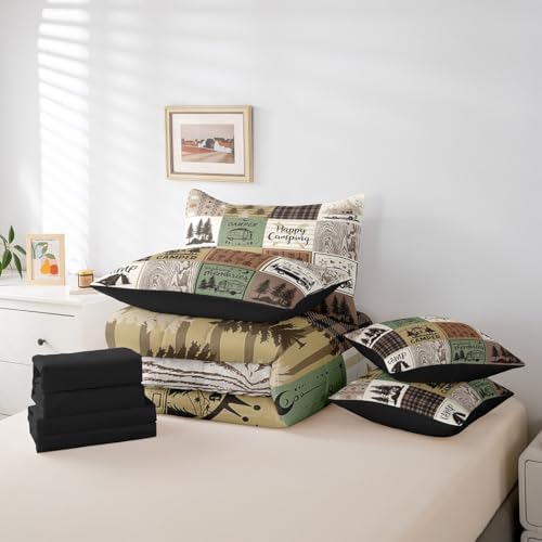 Erosebridal Happy Camping Comforter Set 7 Piece Rustic Cabin Camper Queen Bed in A Bag Rv Car Accessories for Travel Trailers Buffalo Plaid Arrow Pine Trees Bedding Set Travel Adventure Bed Set
