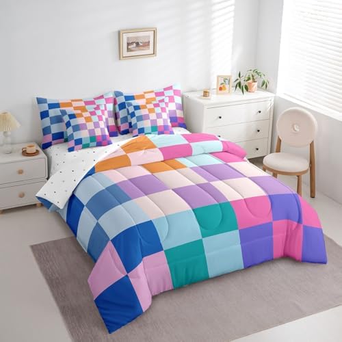 jejeloiu Plaid Comforter Set with Sheets 7 Piece Twin Size