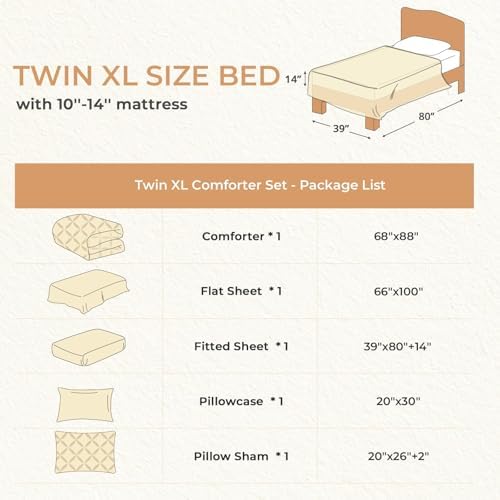 Sasttie Twin XL Comforter Set, 5-Piece Bed in a Bag, Pintuck Bedding Sets for All Season, Includes Comforter, Flat Sheet, Fitted Sheet, Pillowcase and Pillowsham, Dark Linen